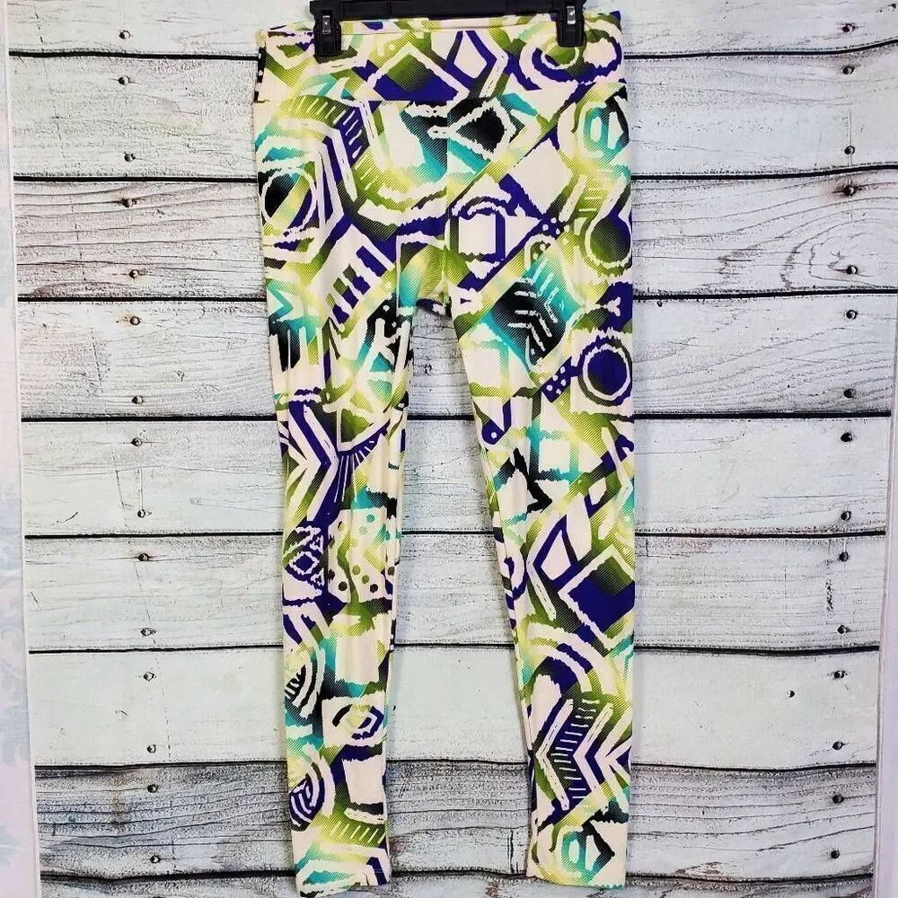 LuLaRoe Tall & Curvy Leggings Geometric Tribal Print Green Purple Blue Plus Size